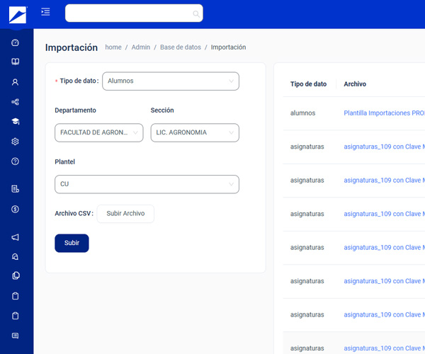 Student and subject import screen