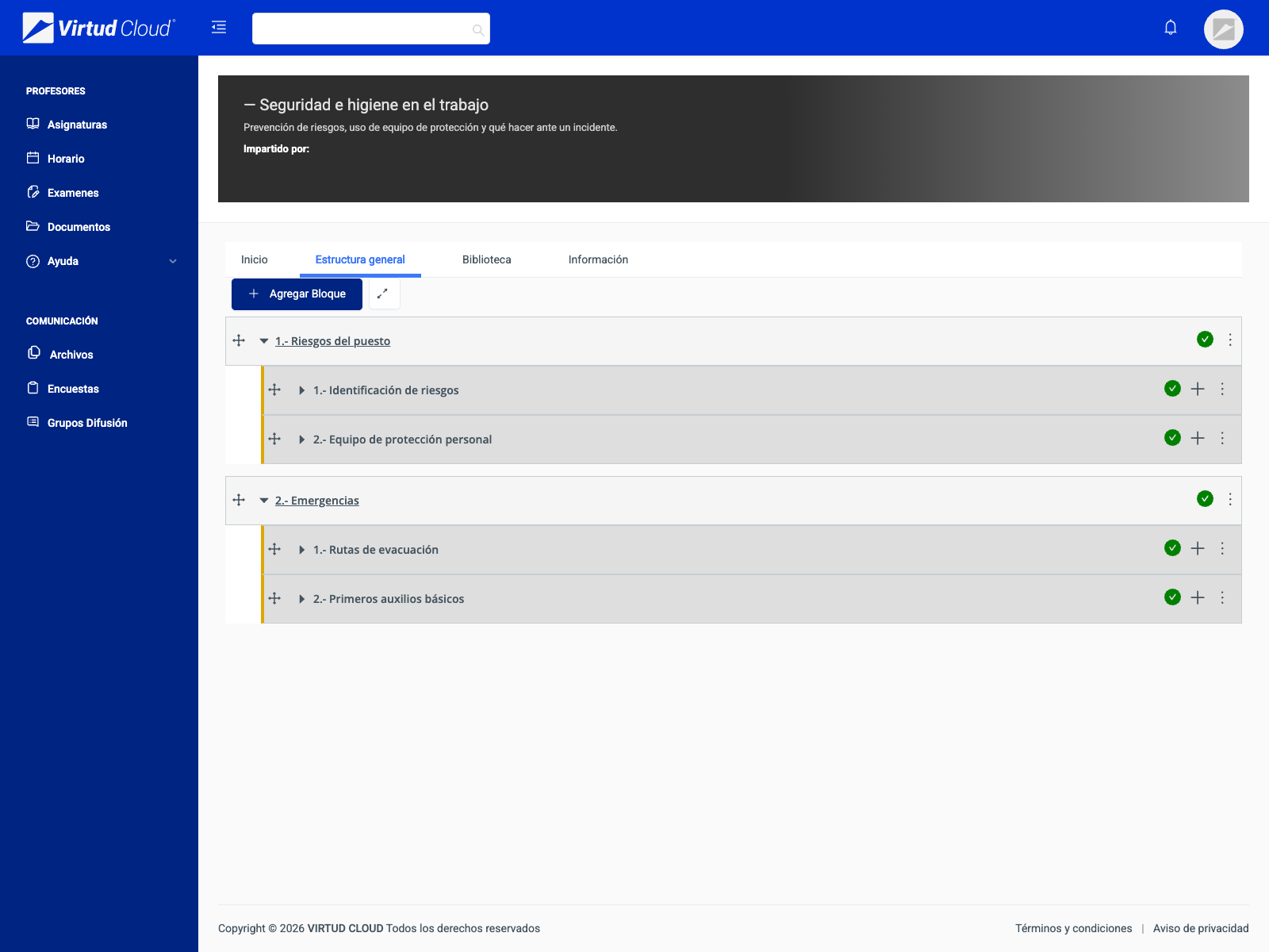 Course editor in Virtud