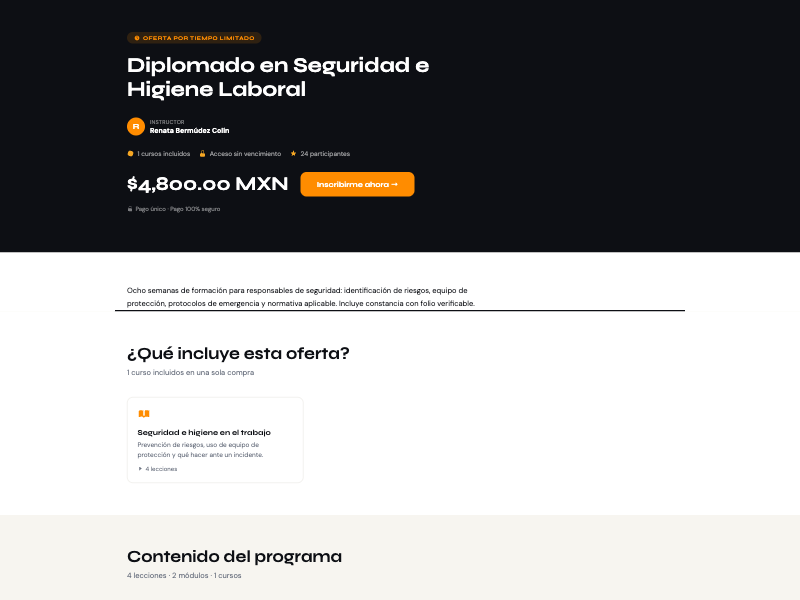 Course sales page in Virtud