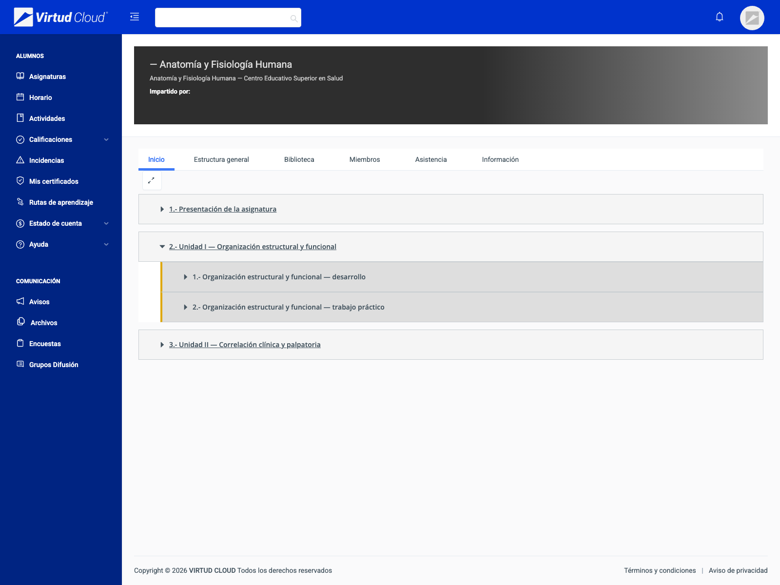 Pantalla de edición de una asignatura en Virtud