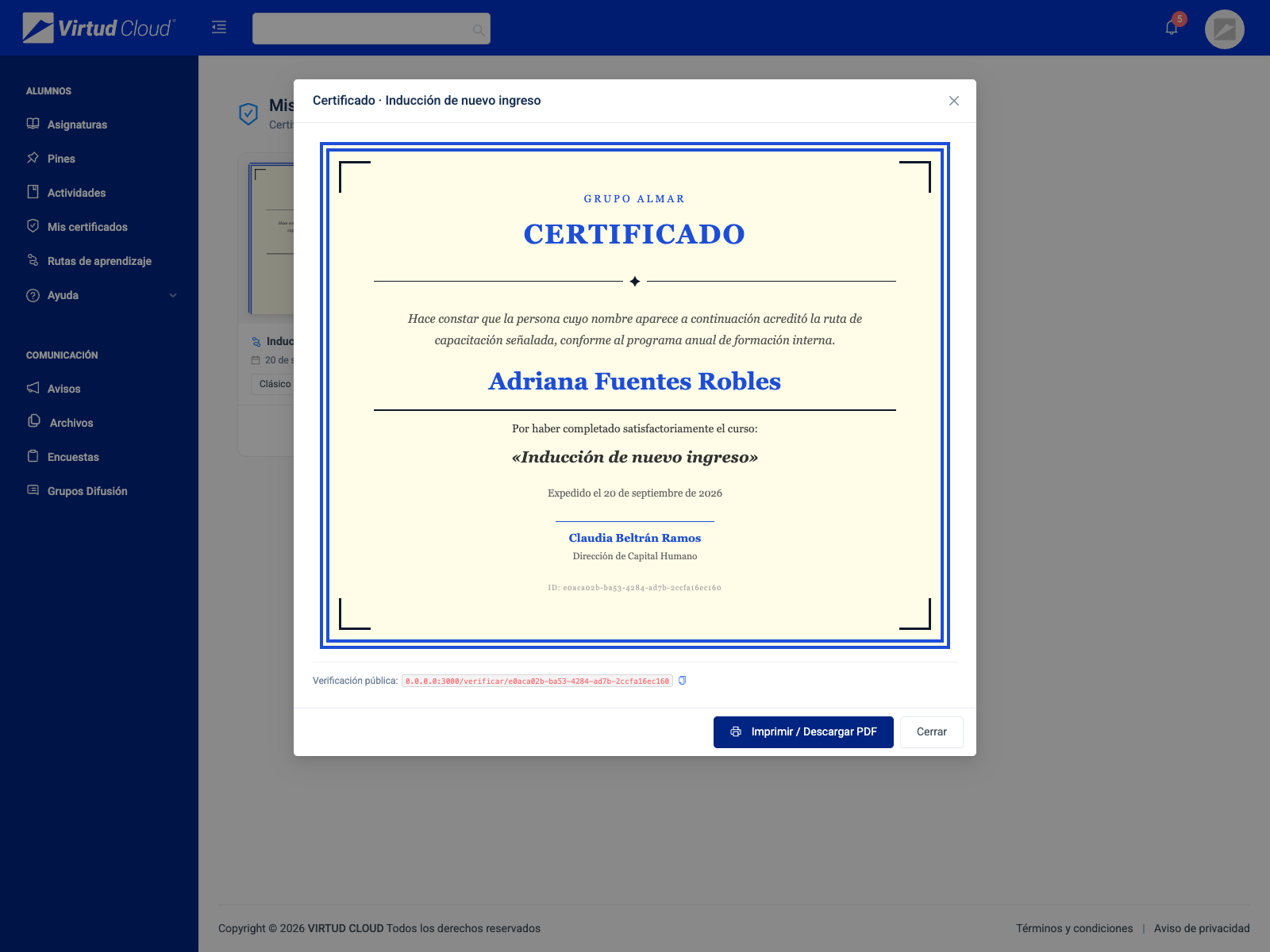 Constancia con su folio verificable