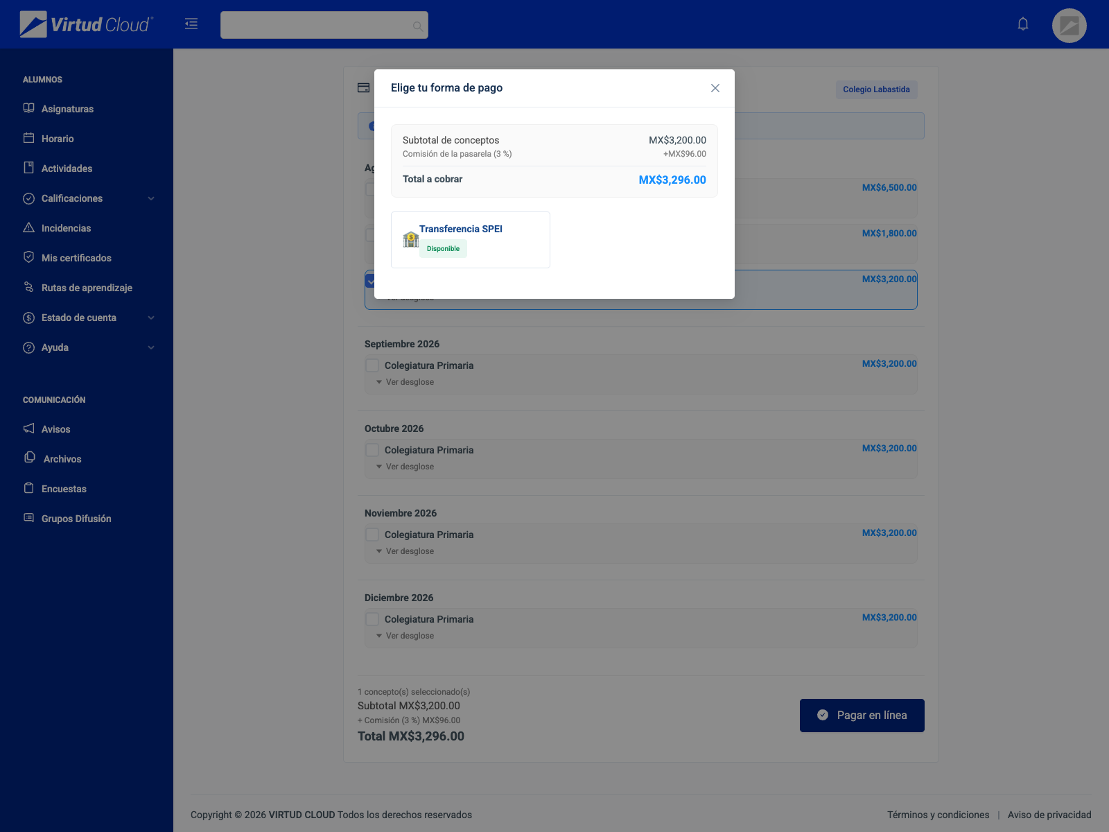 Student payment records screen