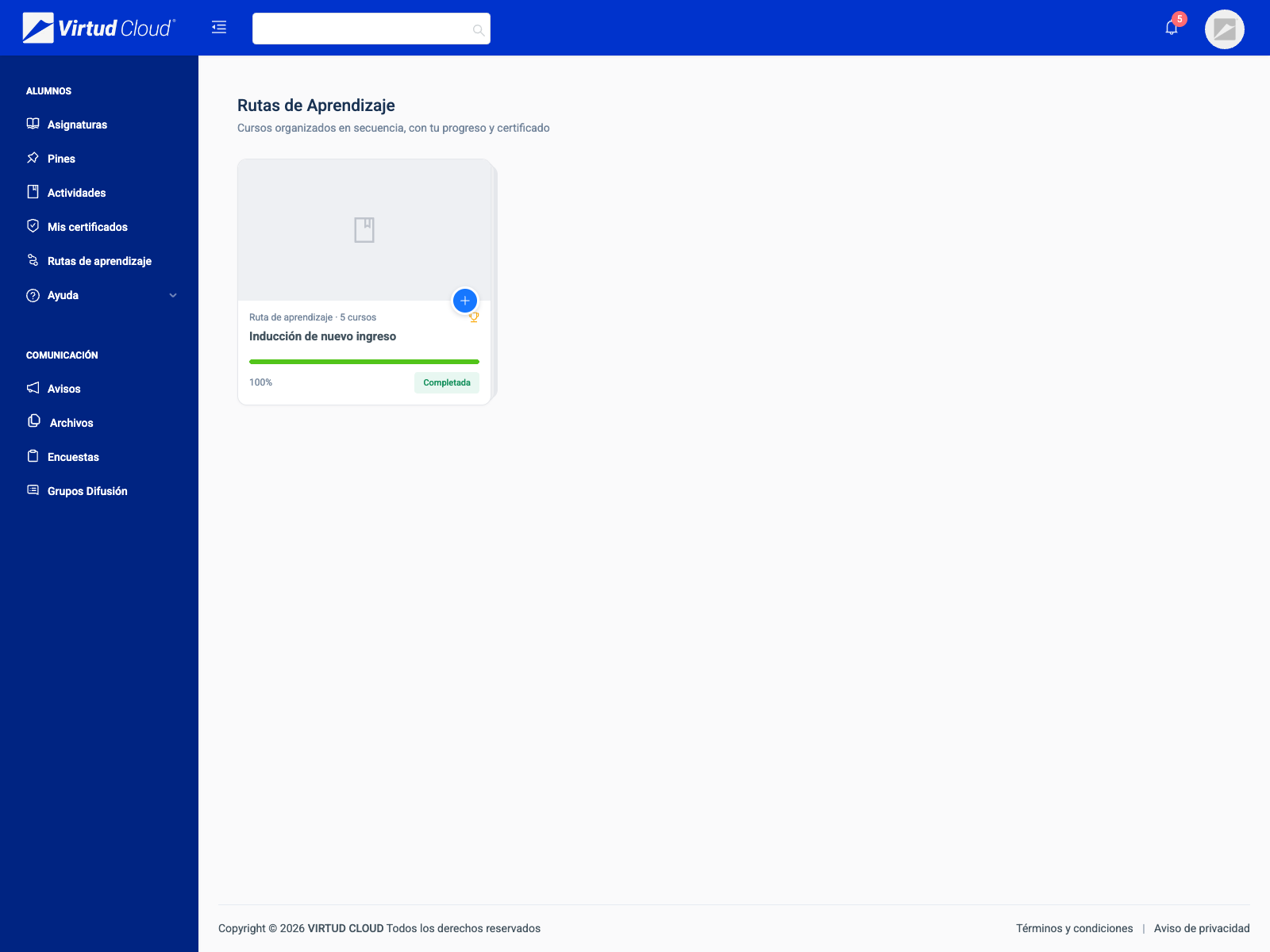 Ruta de capacitación con su avance en Virtud