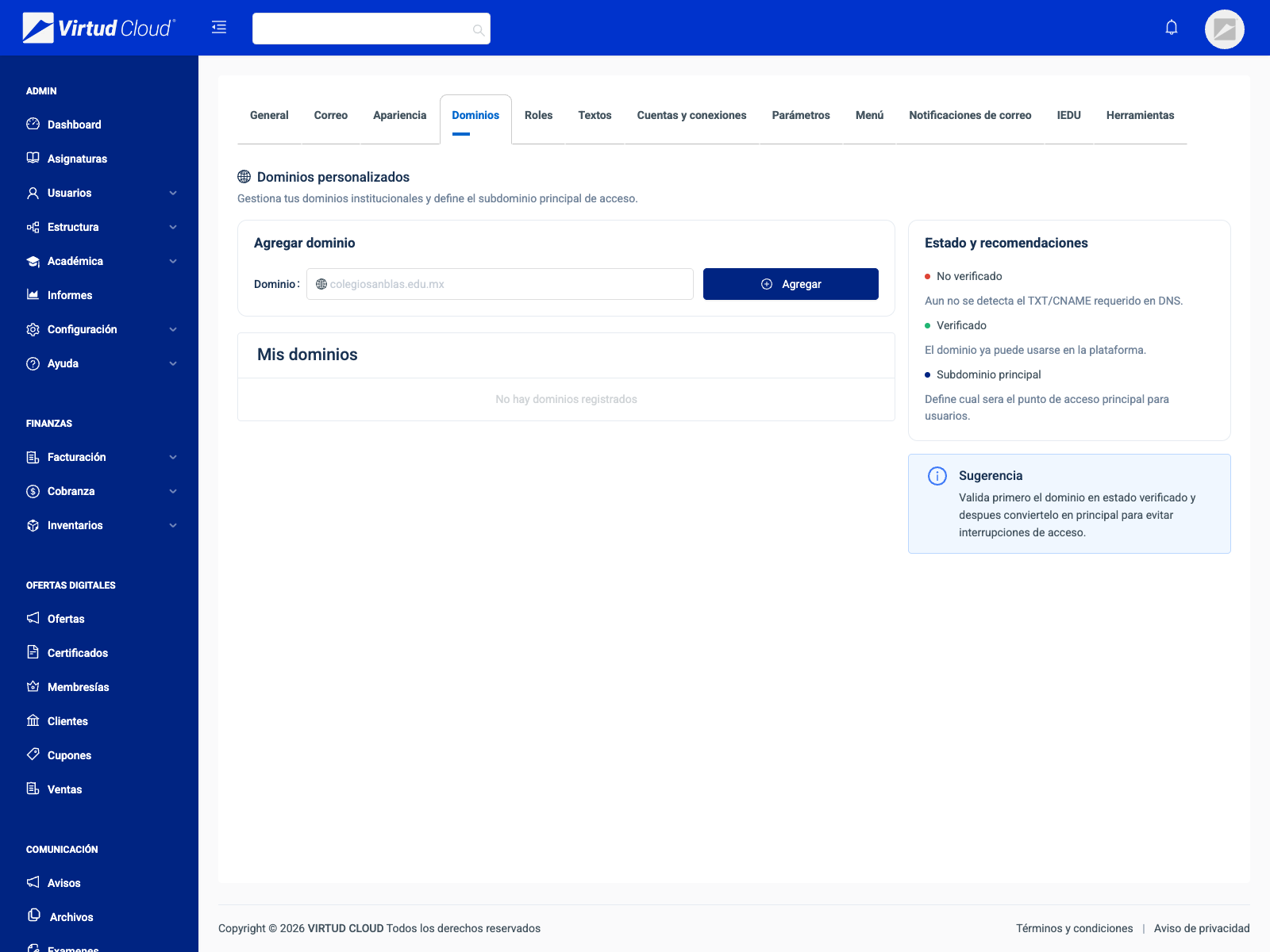 Custom domain settings