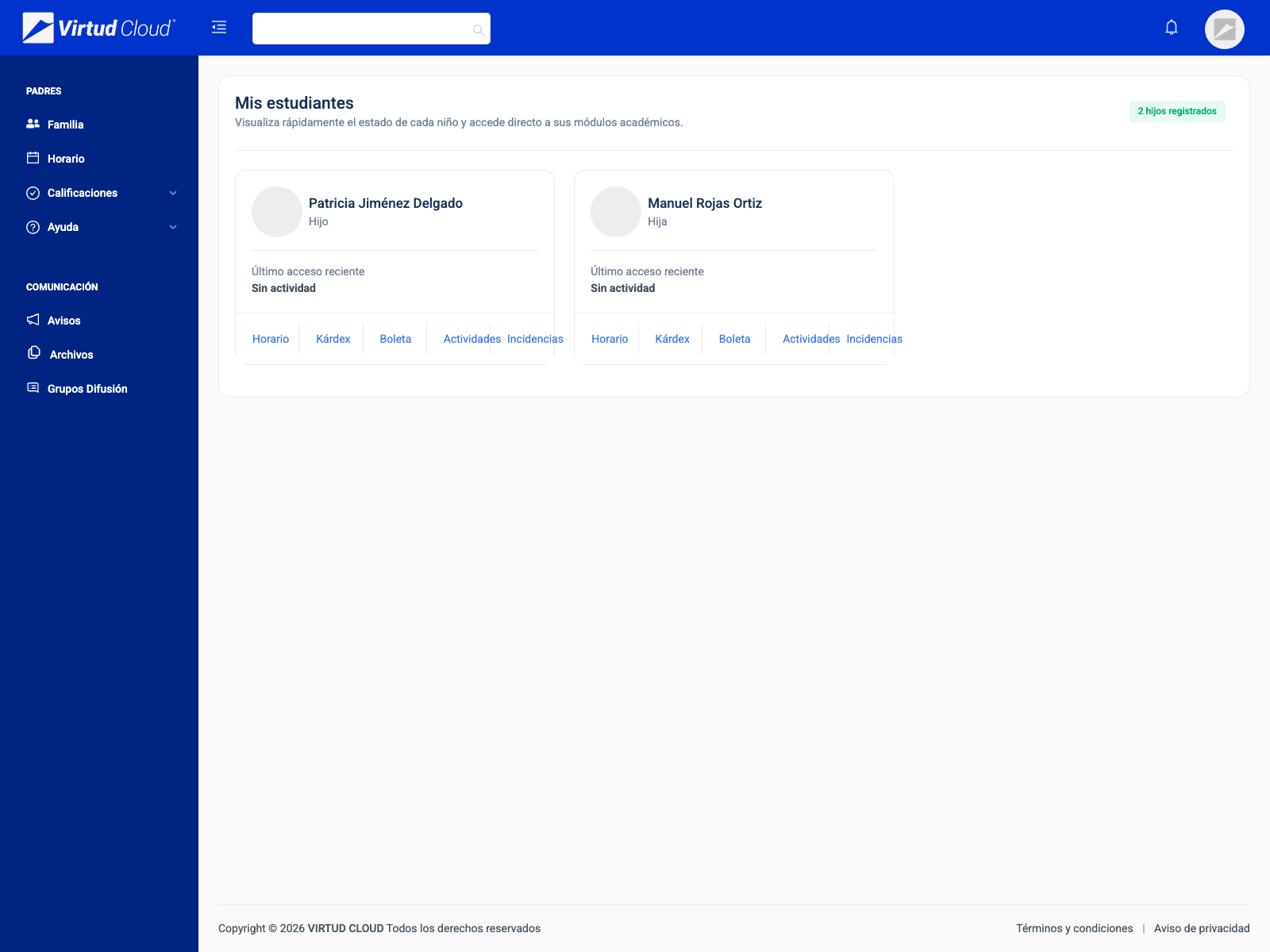 Parent portal with report card and account statement